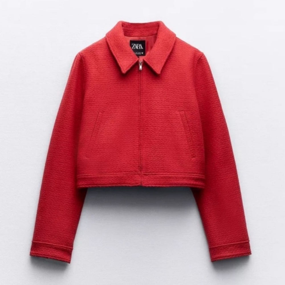 Zara Bright Red Cropped Zip-Up Jacket